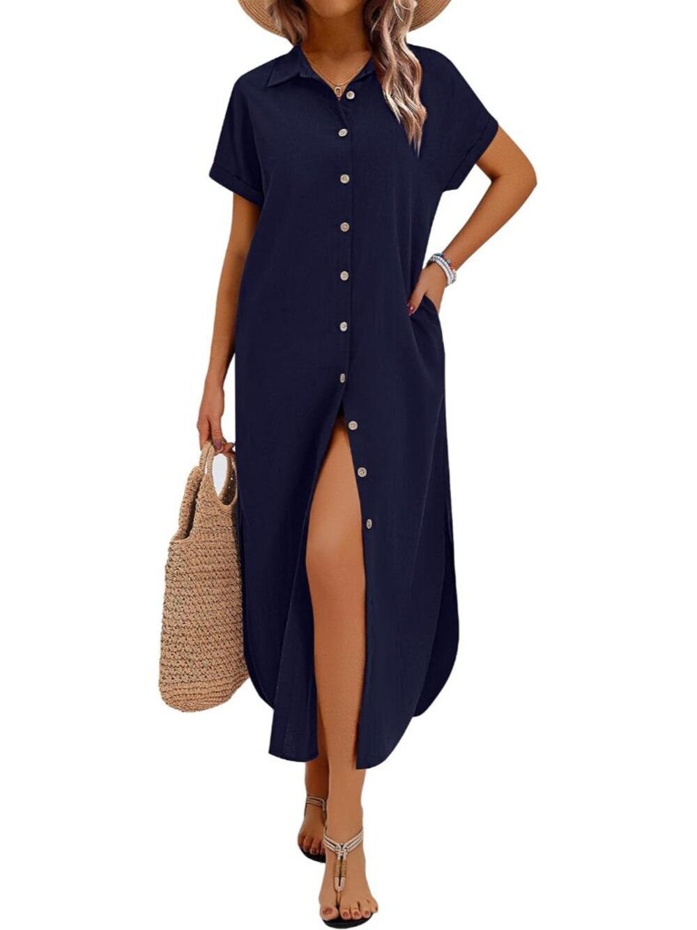 Casual Women's Summer Button-Down Maxi Dress with Pockets